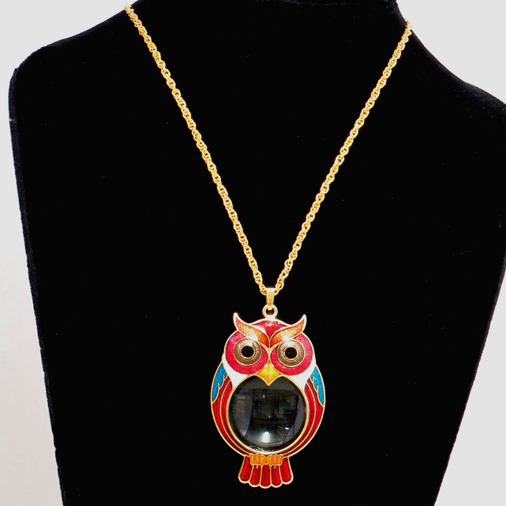 hard enamel owl pattern magnifier necklace